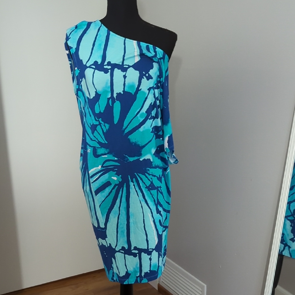 Lilly Pulitzer Aqua and Navy One-Shoulder Dress